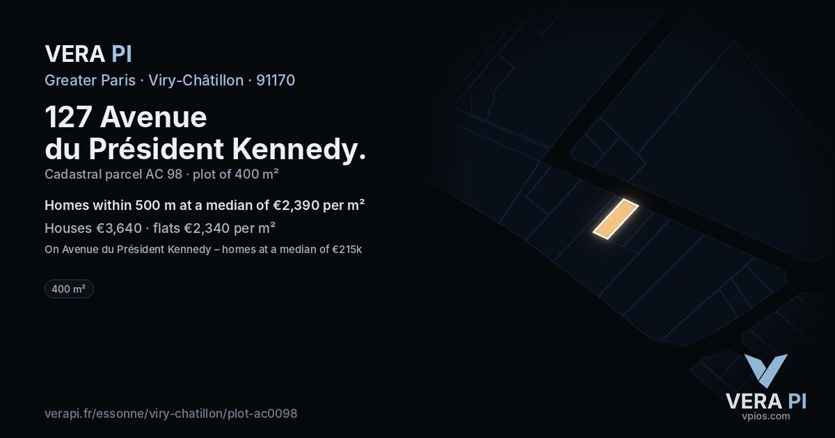127 Avenue du Président Kennedy, Viry-Châtillon at night – the plot lit, the parcels around coloured by the prices near them