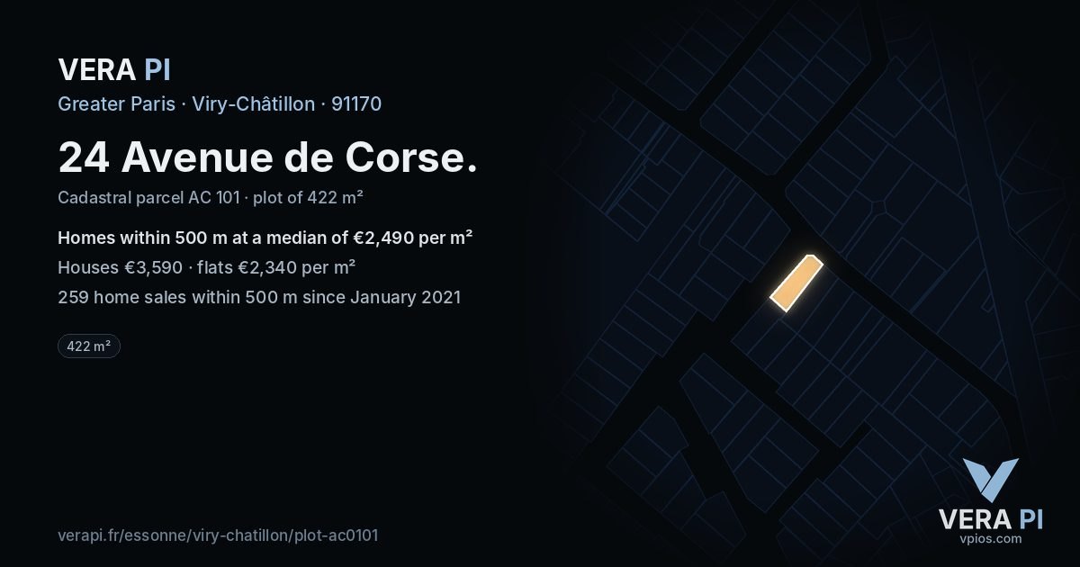 24 Avenue de Corse, Viry-Châtillon at night – the plot lit, the parcels around coloured by the prices near them