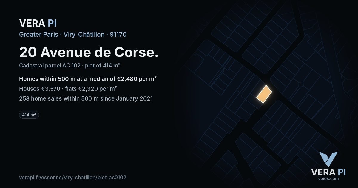20 Avenue de Corse, Viry-Châtillon at night – the plot lit, the parcels around coloured by the prices near them