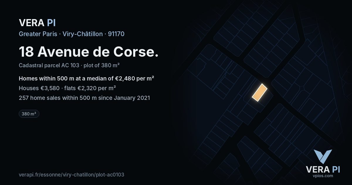 18 Avenue de Corse, Viry-Châtillon at night – the plot lit, the parcels around coloured by the prices near them