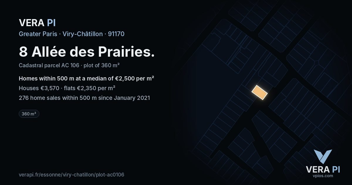 8 Allée des Prairies, Viry-Châtillon at night – the plot lit, the parcels around coloured by the prices near them