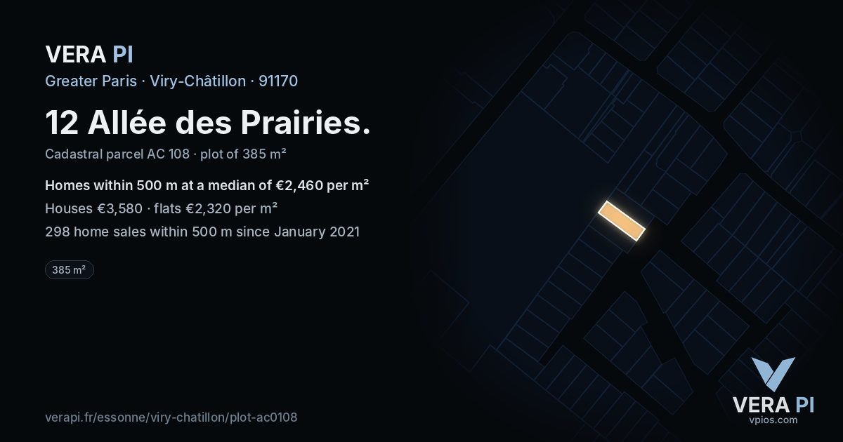 12 Allée des Prairies, Viry-Châtillon at night – the plot lit, the parcels around coloured by the prices near them