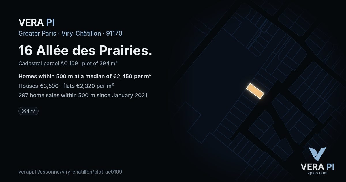 16 Allée des Prairies, Viry-Châtillon at night – the plot lit, the parcels around coloured by the prices near them