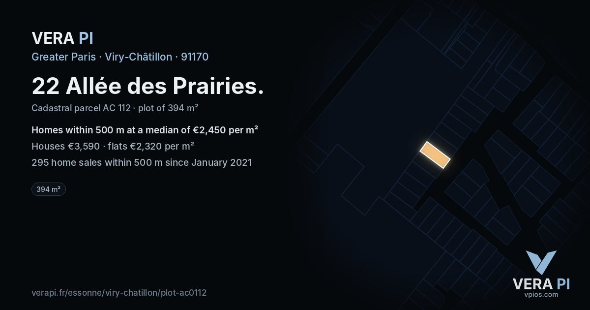 22 Allée des Prairies, Viry-Châtillon at night – the plot lit, the parcels around coloured by the prices near them