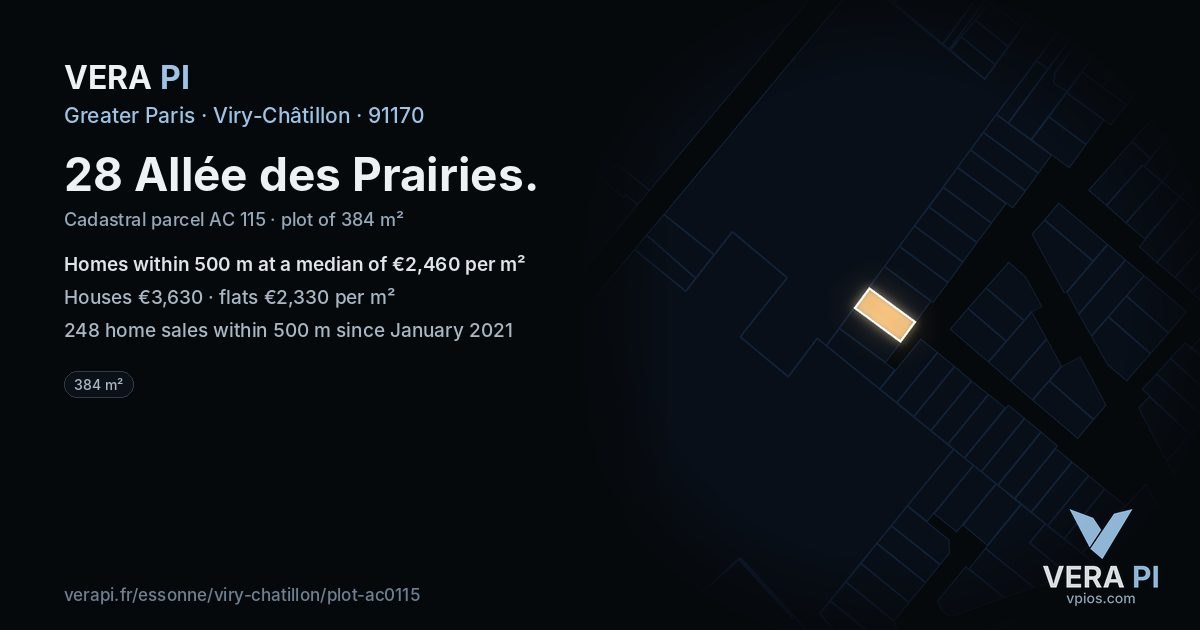 28 Allée des Prairies, Viry-Châtillon at night – the plot lit, the parcels around coloured by the prices near them