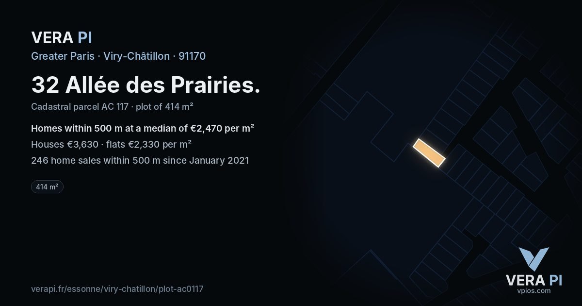 32 Allée des Prairies, Viry-Châtillon at night – the plot lit, the parcels around coloured by the prices near them
