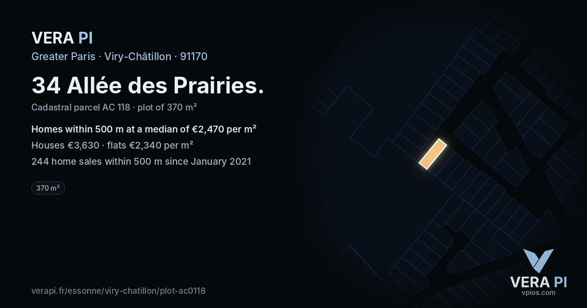34 Allée des Prairies, Viry-Châtillon at night – the plot lit, the parcels around coloured by the prices near them