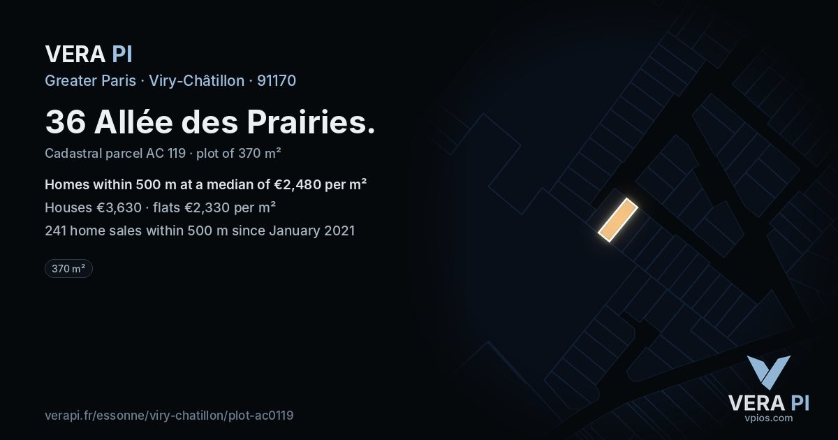 36 Allée des Prairies, Viry-Châtillon at night – the plot lit, the parcels around coloured by the prices near them