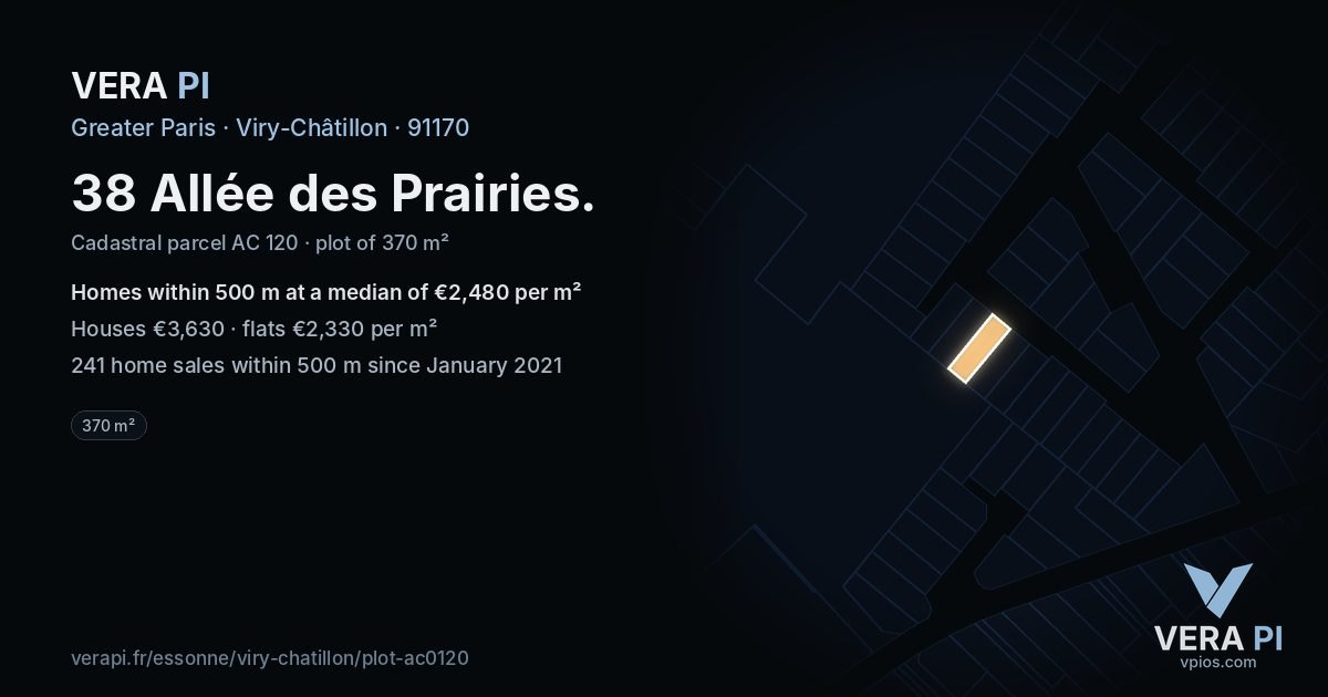 38 Allée des Prairies, Viry-Châtillon at night – the plot lit, the parcels around coloured by the prices near them