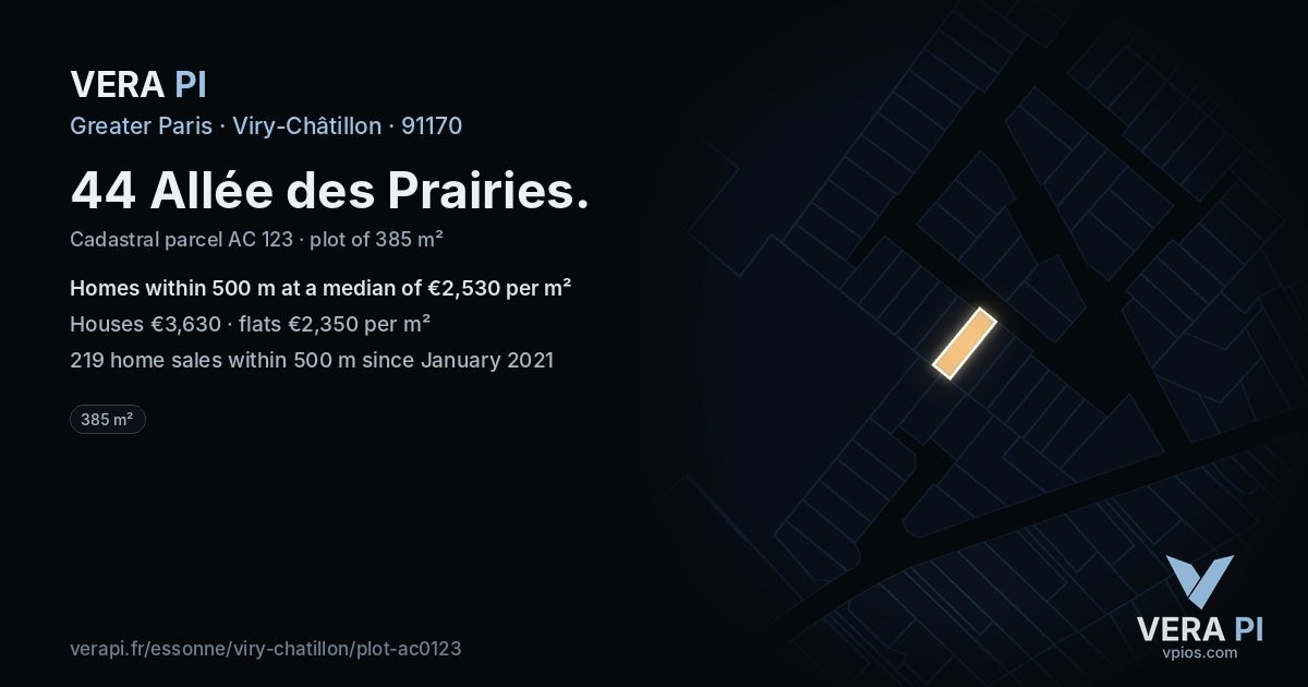 44 Allée des Prairies, Viry-Châtillon at night – the plot lit, the parcels around coloured by the prices near them