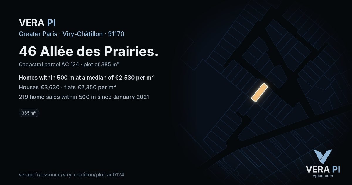 46 Allée des Prairies, Viry-Châtillon at night – the plot lit, the parcels around coloured by the prices near them