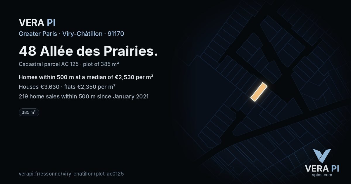 48 Allée des Prairies, Viry-Châtillon at night – the plot lit, the parcels around coloured by the prices near them