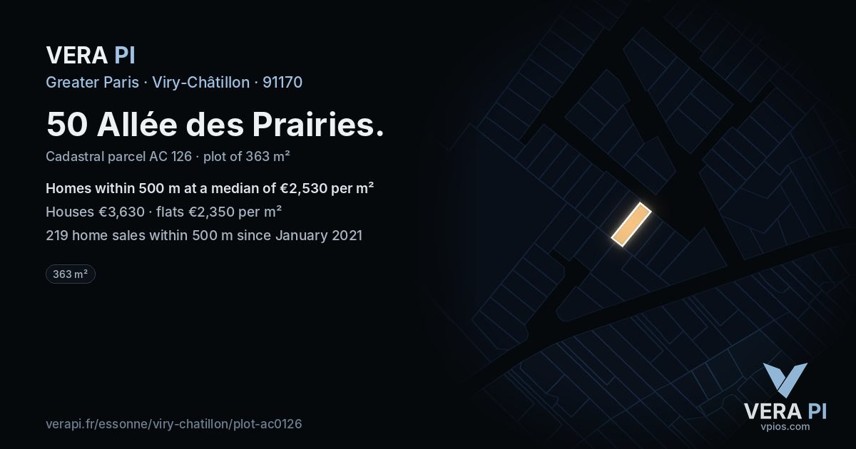 50 Allée des Prairies, Viry-Châtillon at night – the plot lit, the parcels around coloured by the prices near them