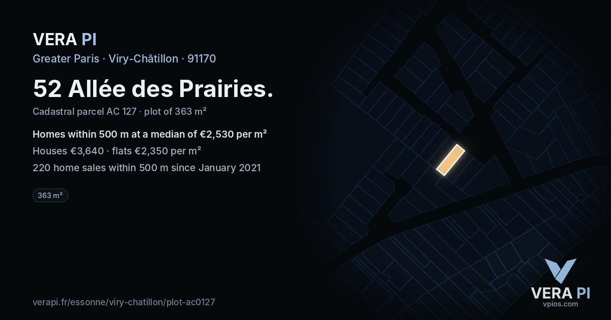 52 Allée des Prairies, Viry-Châtillon at night – the plot lit, the parcels around coloured by the prices near them