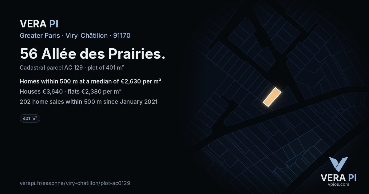 56 Allée des Prairies, Viry-Châtillon at night – the plot lit, the parcels around coloured by the prices near them