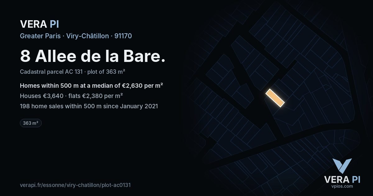 8 Allee de la Bare, Viry-Châtillon at night – the plot lit, the parcels around coloured by the prices near them