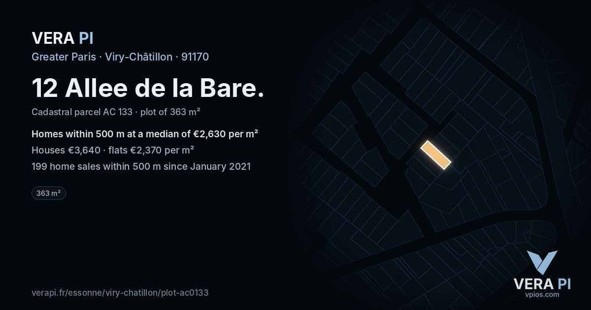 12 Allee de la Bare, Viry-Châtillon at night – the plot lit, the parcels around coloured by the prices near them
