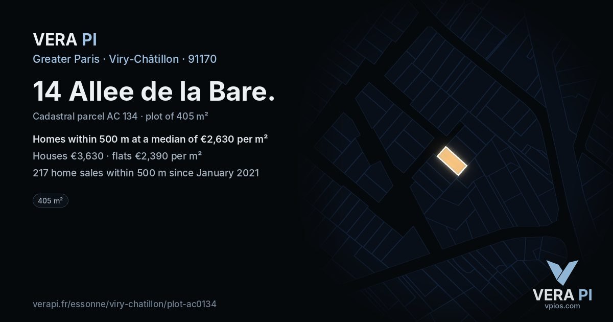 14 Allee de la Bare, Viry-Châtillon at night – the plot lit, the parcels around coloured by the prices near them