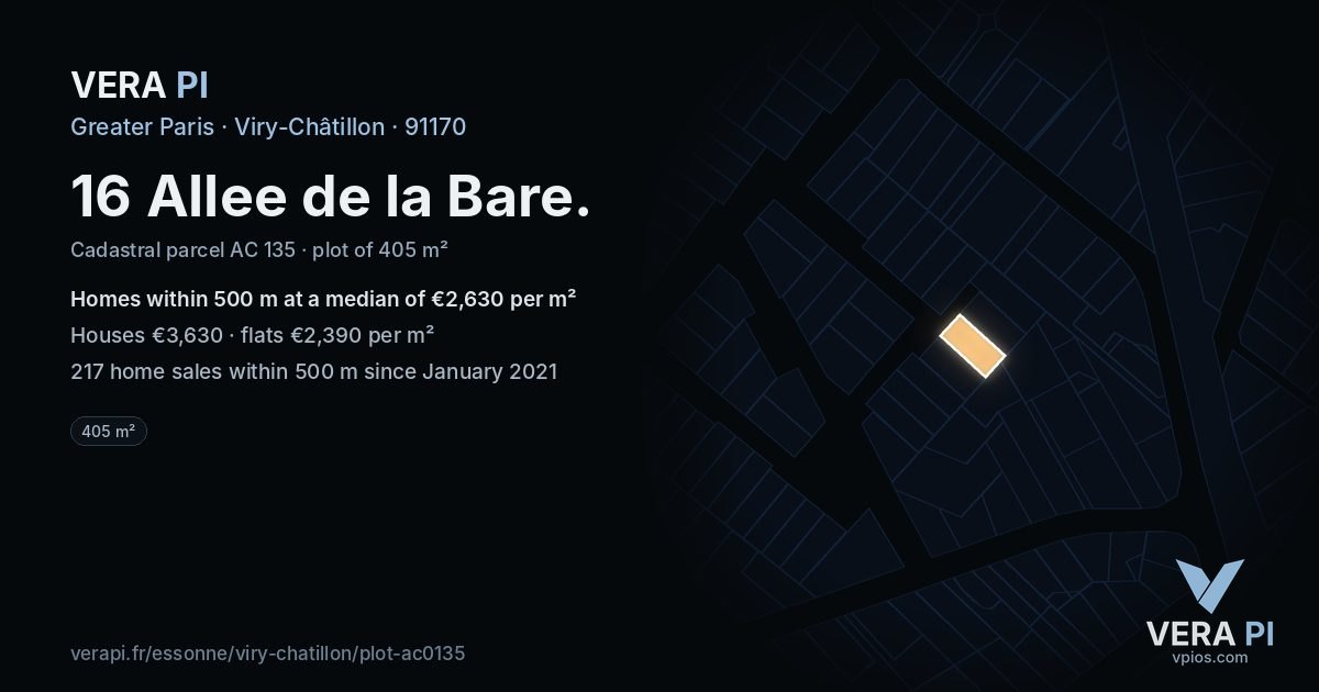 16 Allee de la Bare, Viry-Châtillon at night – the plot lit, the parcels around coloured by the prices near them