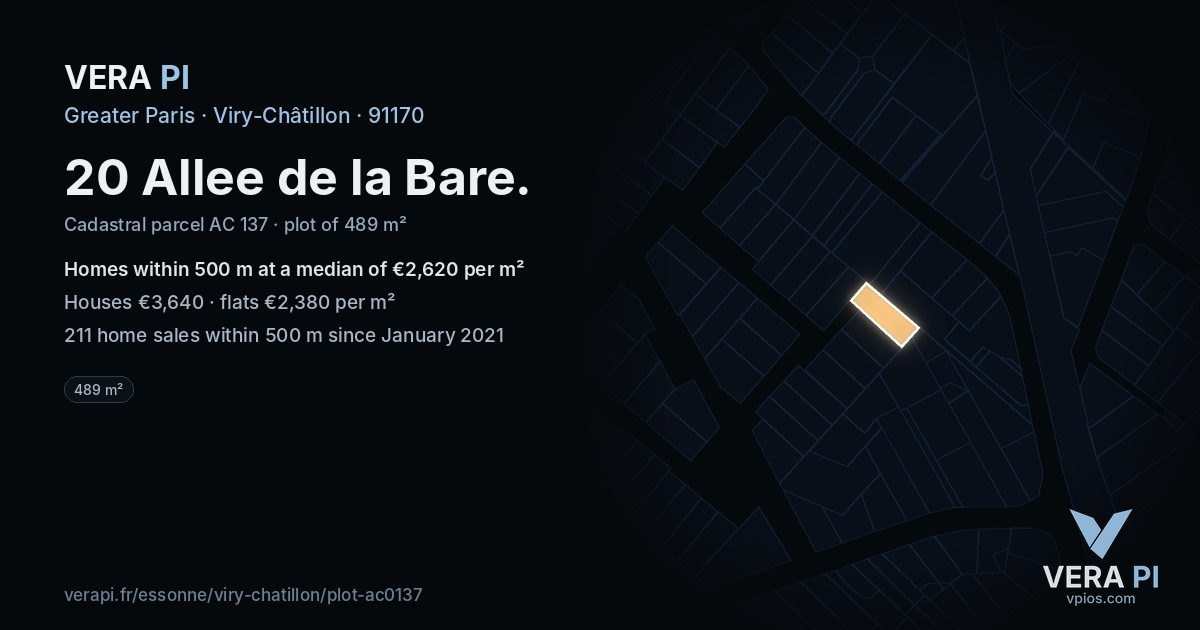 20 Allee de la Bare, Viry-Châtillon at night – the plot lit, the parcels around coloured by the prices near them