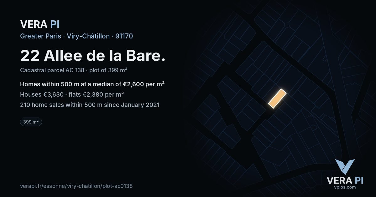 22 Allee de la Bare, Viry-Châtillon at night – the plot lit, the parcels around coloured by the prices near them