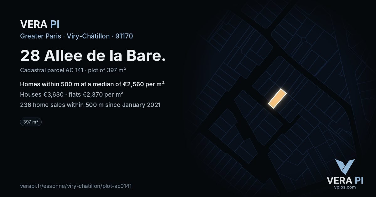 28 Allee de la Bare, Viry-Châtillon at night – the plot lit, the parcels around coloured by the prices near them
