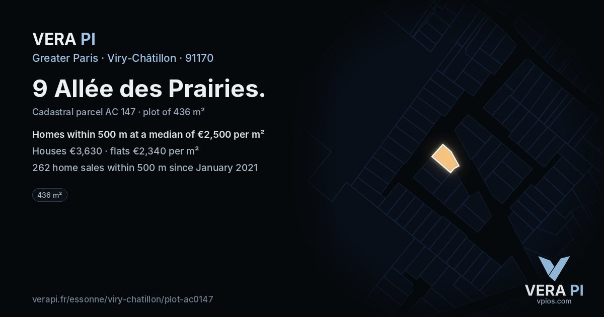 9 Allée des Prairies, Viry-Châtillon at night – the plot lit, the parcels around coloured by the prices near them