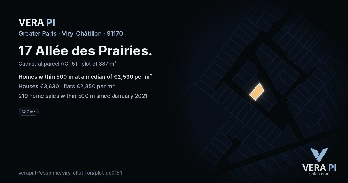 17 Allée des Prairies, Viry-Châtillon at night – the plot lit, the parcels around coloured by the prices near them