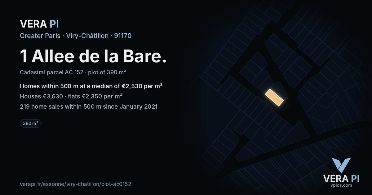 1 Allee de la Bare, Viry-Châtillon at night – the plot lit, the parcels around coloured by the prices near them