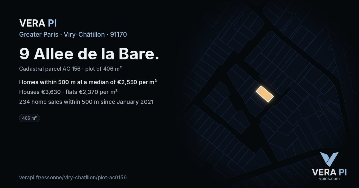9 Allee de la Bare, Viry-Châtillon at night – the plot lit, the parcels around coloured by the prices near them