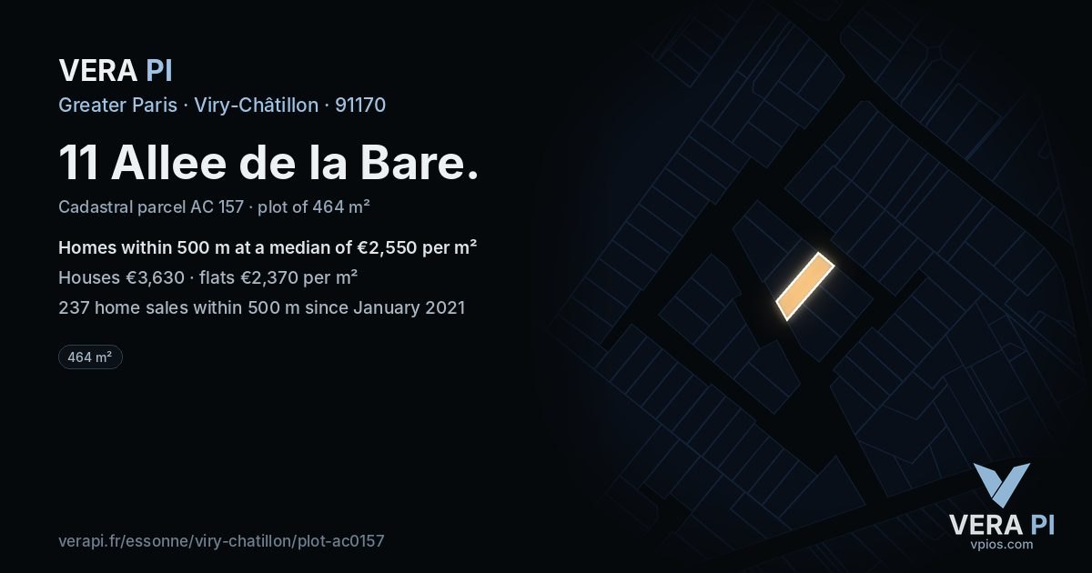 11 Allee de la Bare, Viry-Châtillon at night – the plot lit, the parcels around coloured by the prices near them