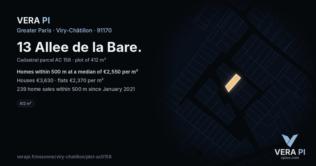 13 Allee de la Bare, Viry-Châtillon at night – the plot lit, the parcels around coloured by the prices near them
