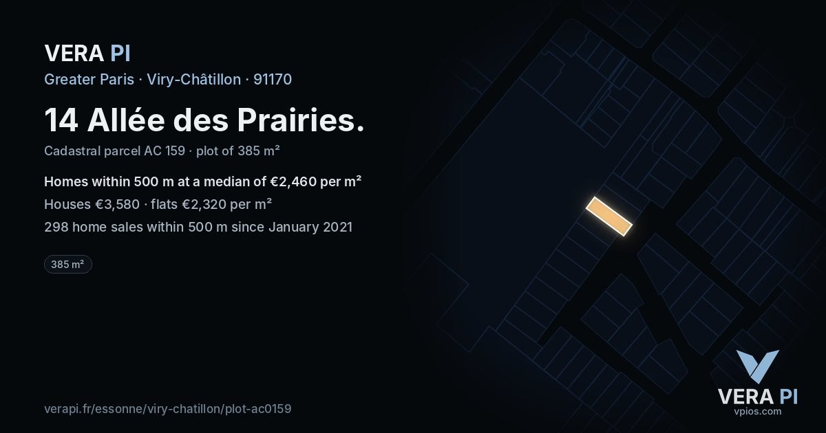 14 Allée des Prairies, Viry-Châtillon at night – the plot lit, the parcels around coloured by the prices near them