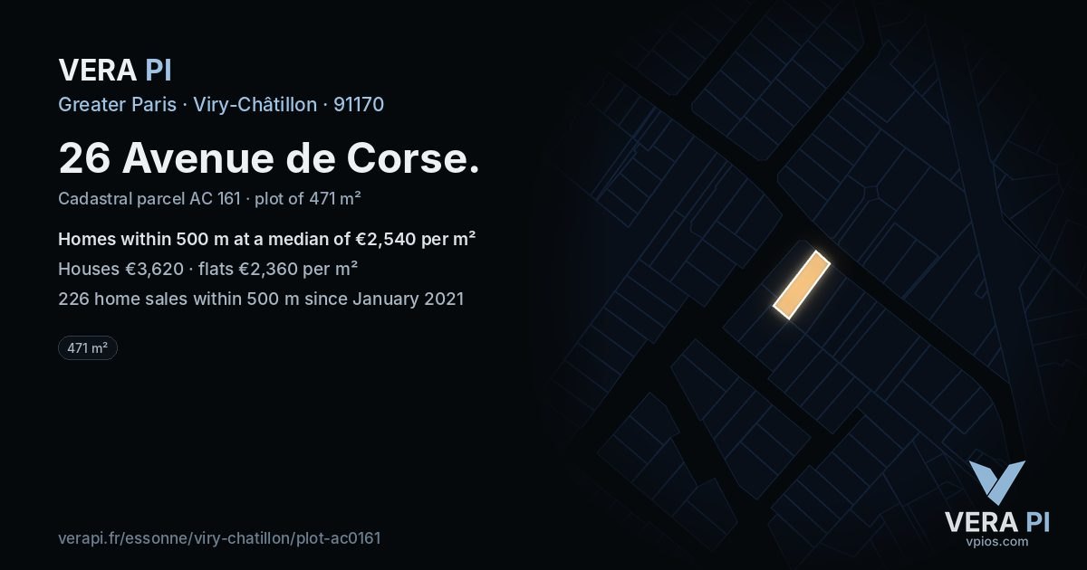 26 Avenue de Corse, Viry-Châtillon at night – the plot lit, the parcels around coloured by the prices near them
