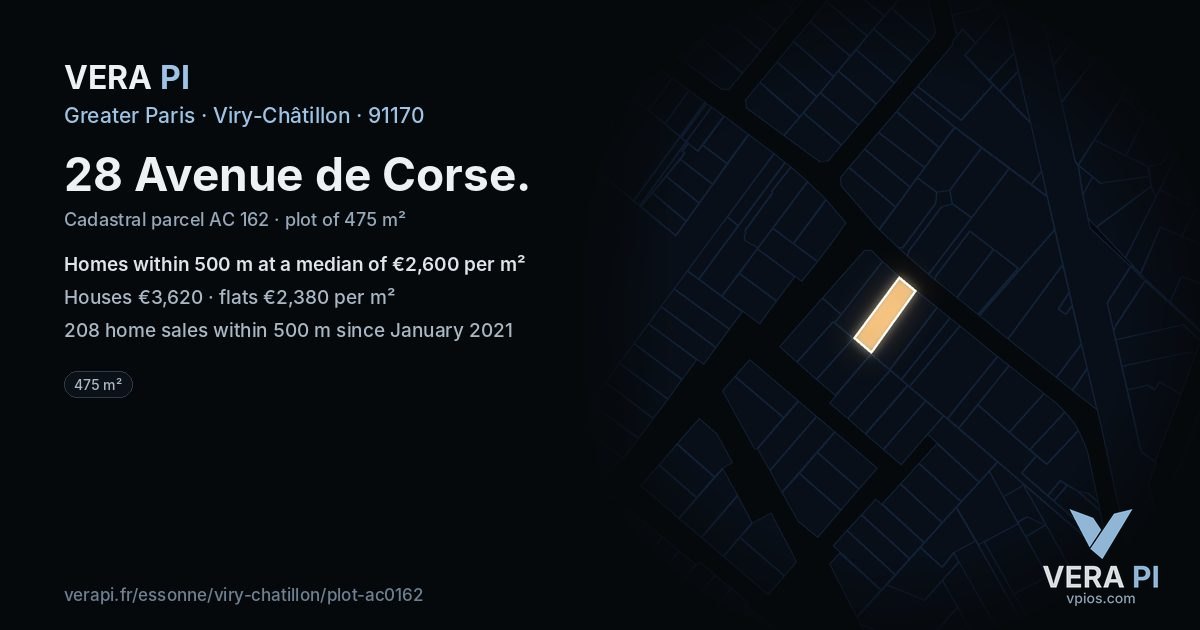 28 Avenue de Corse, Viry-Châtillon at night – the plot lit, the parcels around coloured by the prices near them