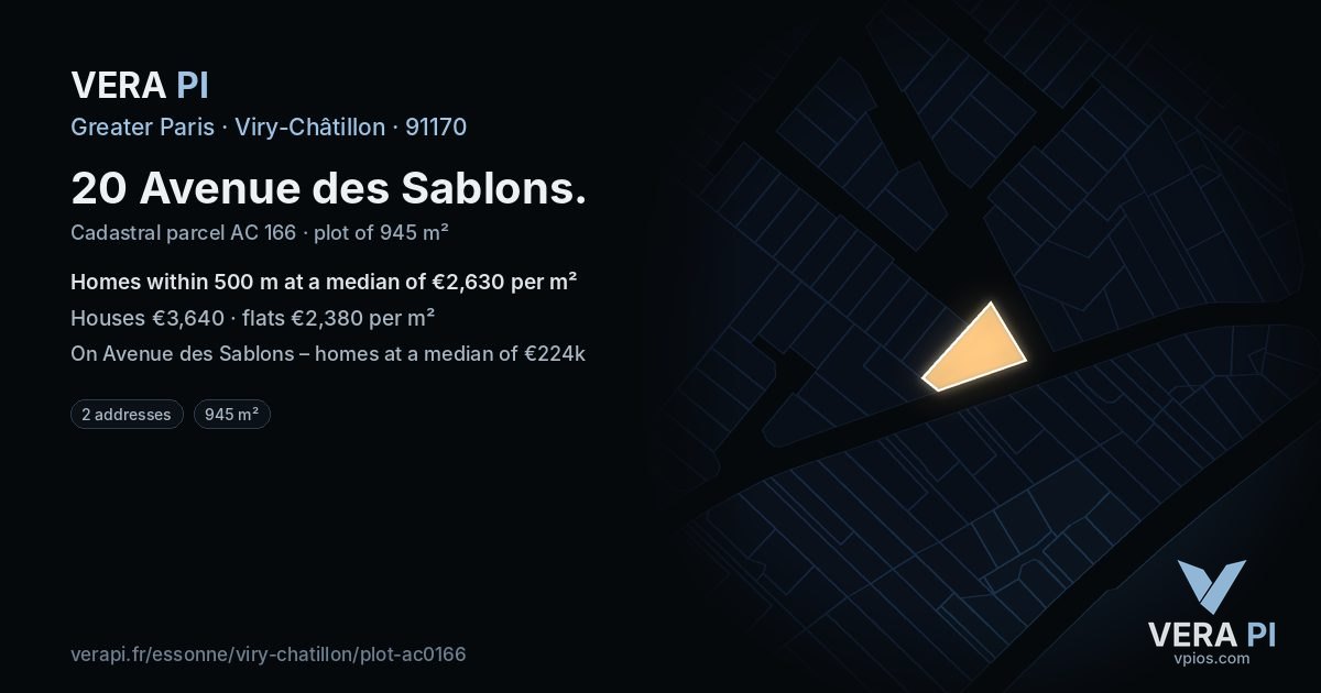 20 Avenue des Sablons, Viry-Châtillon at night – the plot lit, the parcels around coloured by the prices near them