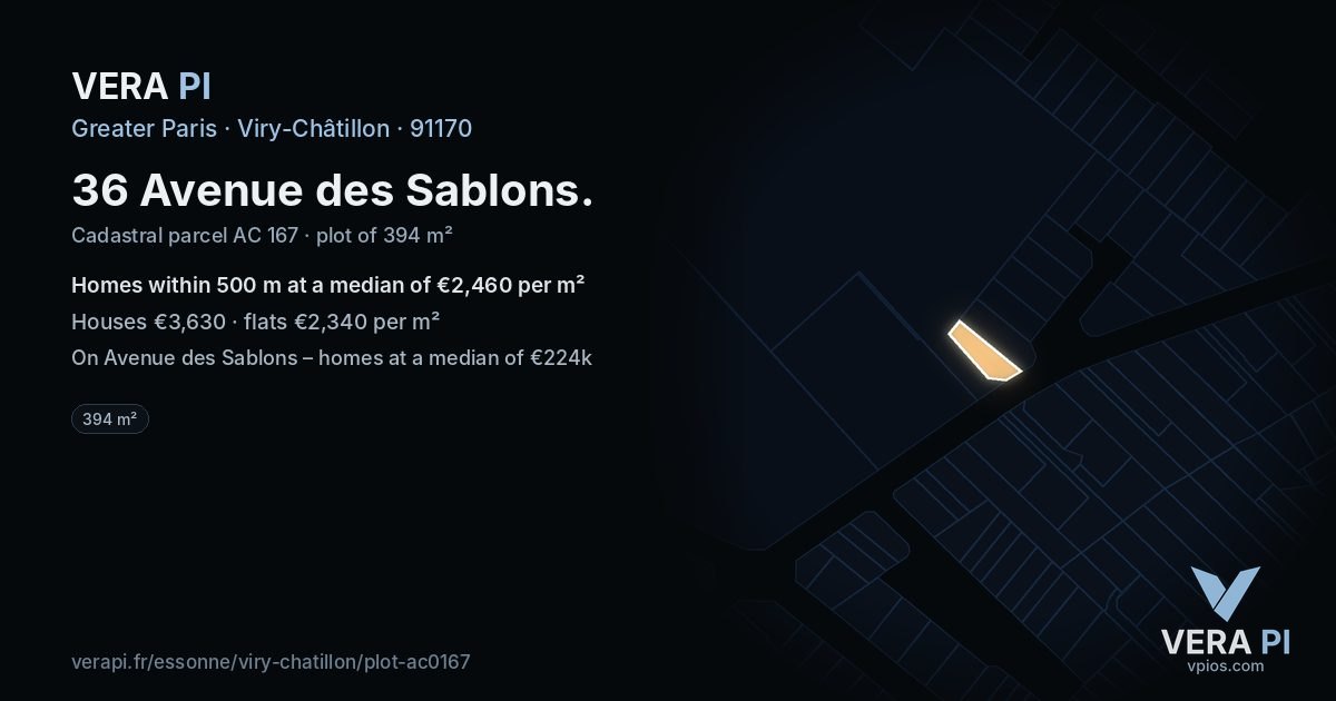 36 Avenue des Sablons, Viry-Châtillon at night – the plot lit, the parcels around coloured by the prices near them