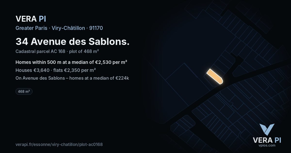 34 Avenue des Sablons, Viry-Châtillon at night – the plot lit, the parcels around coloured by the prices near them