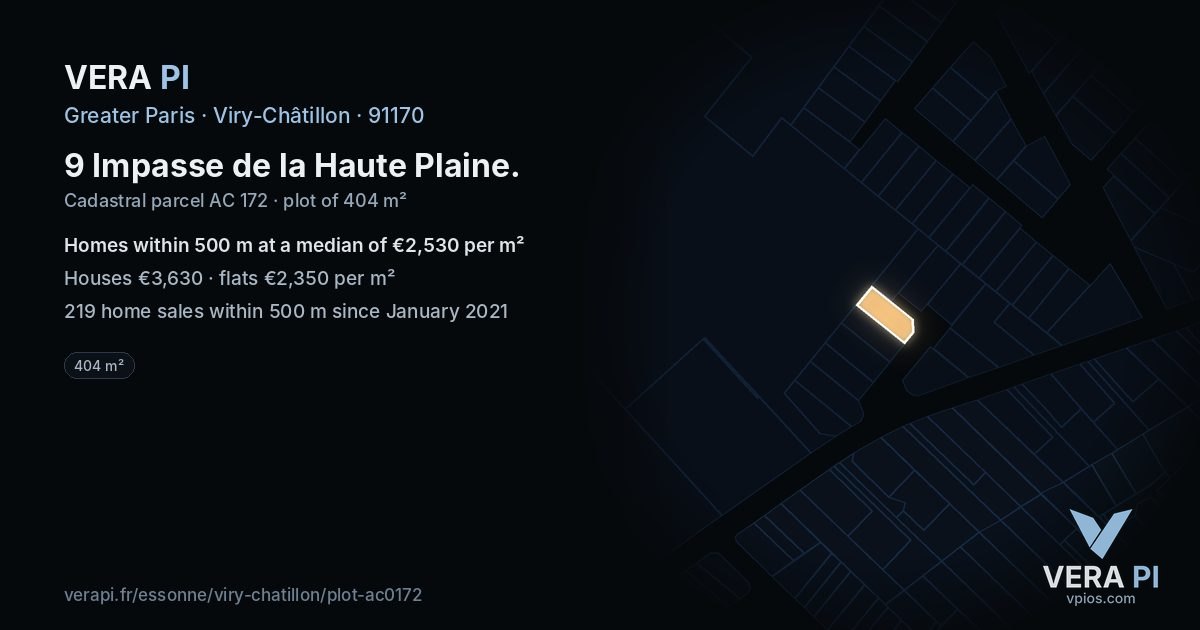 9 Impasse de la Haute Plaine, Viry-Châtillon at night – the plot lit, the parcels around coloured by the prices near them