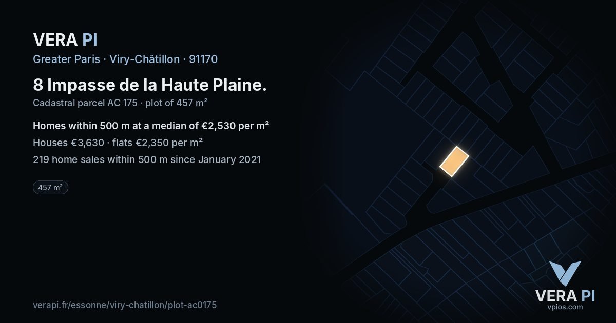 8 Impasse de la Haute Plaine, Viry-Châtillon at night – the plot lit, the parcels around coloured by the prices near them