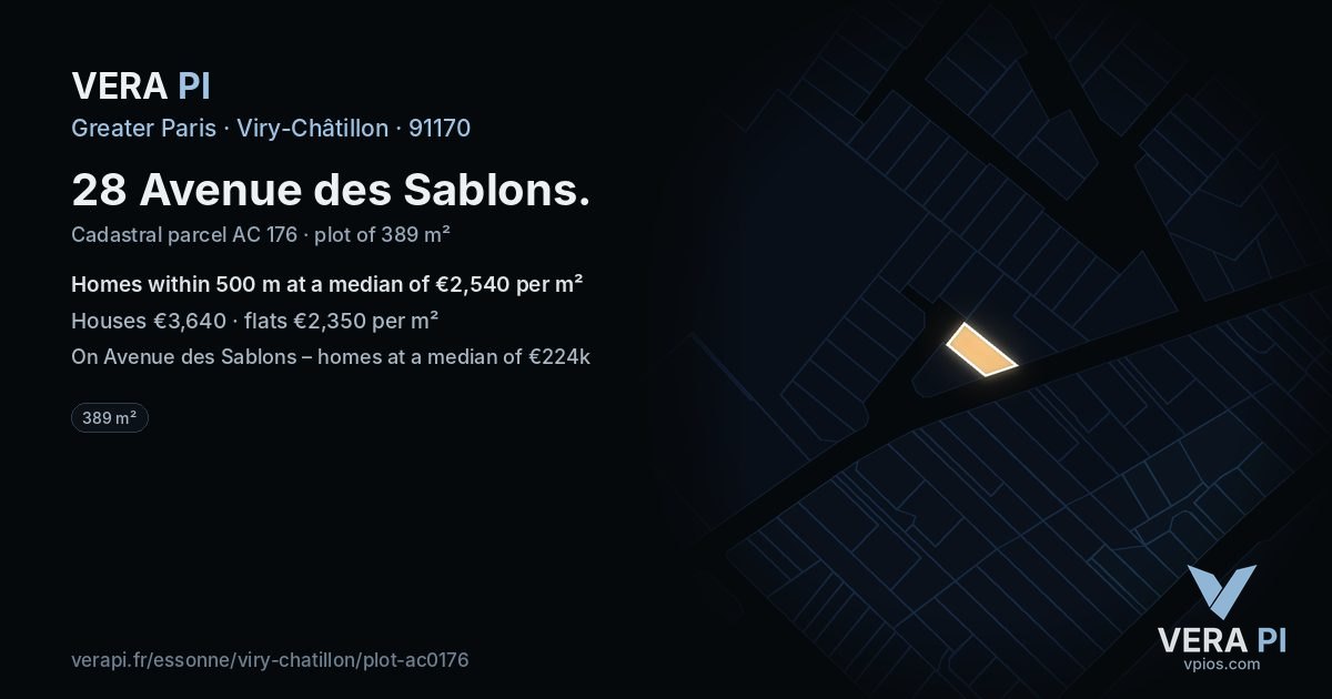 28 Avenue des Sablons, Viry-Châtillon at night – the plot lit, the parcels around coloured by the prices near them