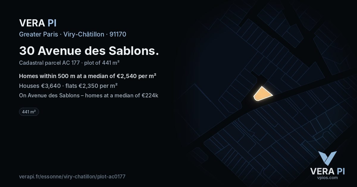 30 Avenue des Sablons, Viry-Châtillon at night – the plot lit, the parcels around coloured by the prices near them