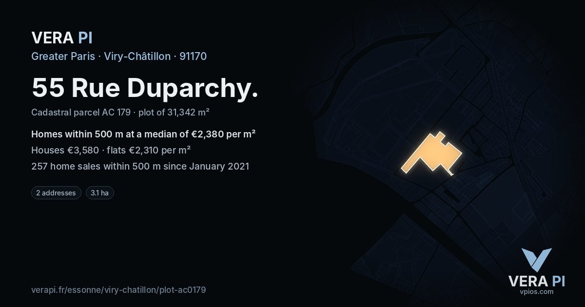55 Rue Duparchy, Viry-Châtillon at night – the plot lit, the parcels around coloured by the prices near them