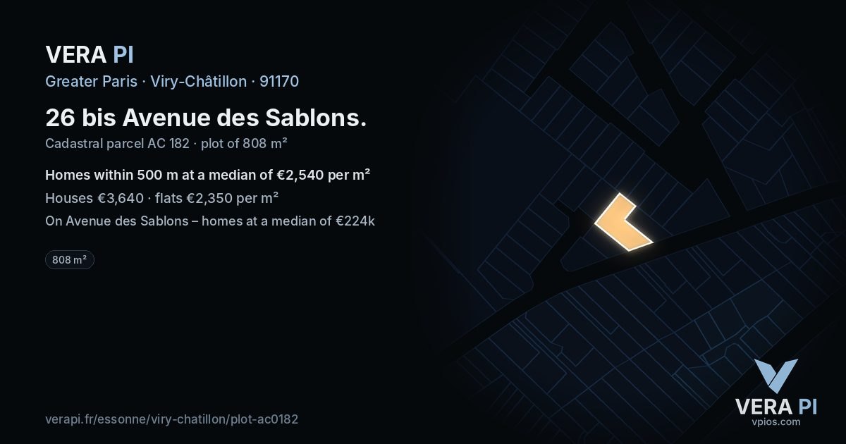 26 bis Avenue des Sablons, Viry-Châtillon at night – the plot lit, the parcels around coloured by the prices near them