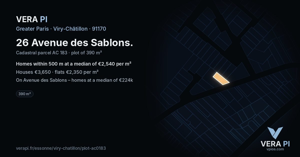 26 Avenue des Sablons, Viry-Châtillon at night – the plot lit, the parcels around coloured by the prices near them