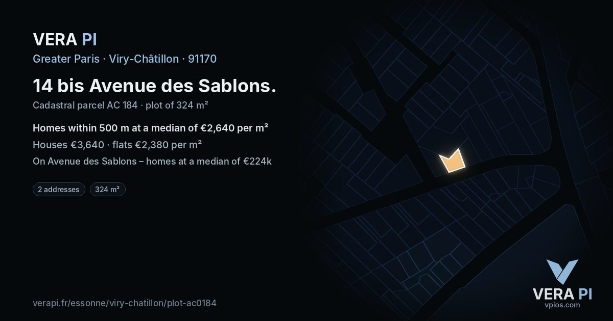 14 bis Avenue des Sablons, Viry-Châtillon at night – the plot lit, the parcels around coloured by the prices near them