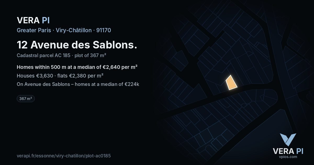 12 Avenue des Sablons, Viry-Châtillon at night – the plot lit, the parcels around coloured by the prices near them