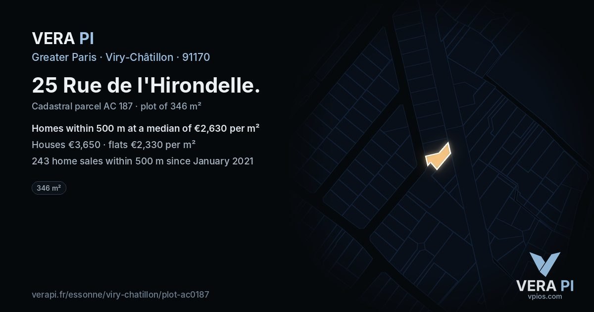 25 Rue de l'Hirondelle, Viry-Châtillon at night – the plot lit, the parcels around coloured by the prices near them