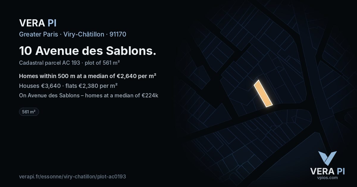 10 Avenue des Sablons, Viry-Châtillon at night – the plot lit, the parcels around coloured by the prices near them