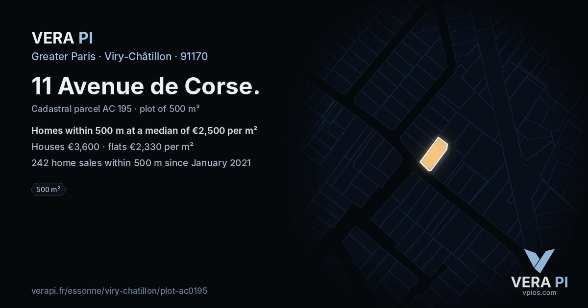 11 Avenue de Corse, Viry-Châtillon at night – the plot lit, the parcels around coloured by the prices near them